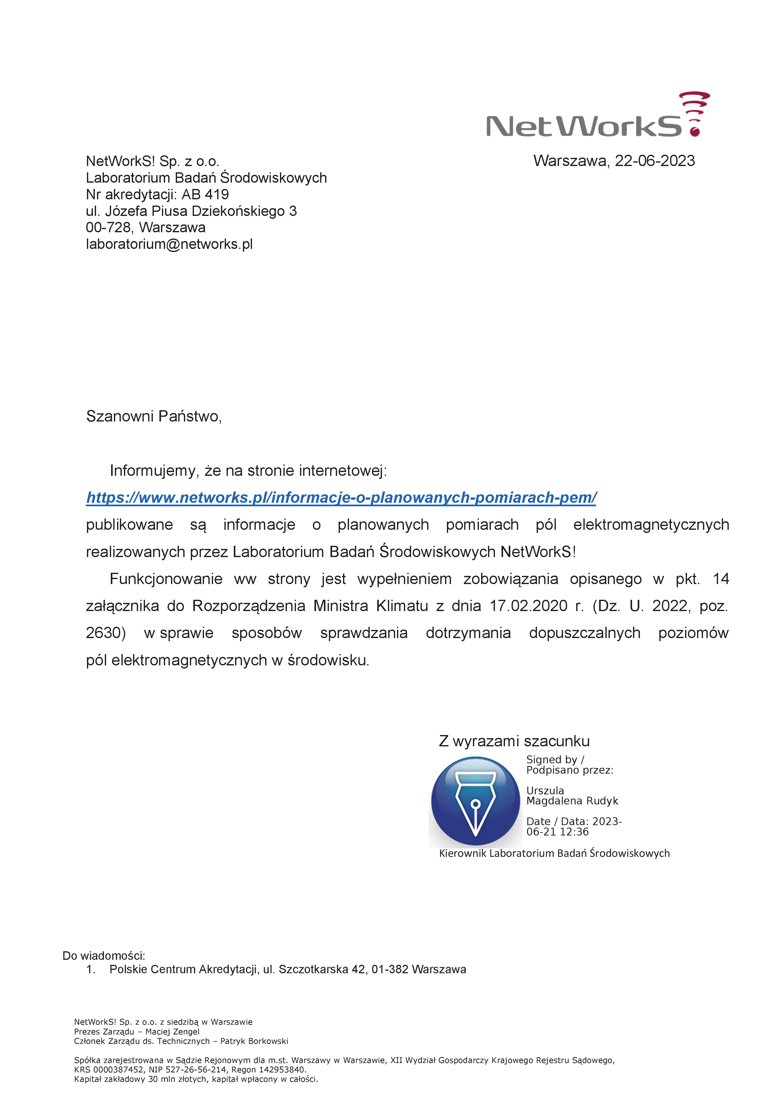 Informacja o planowanych pomiarach pól elektromagnetycznych