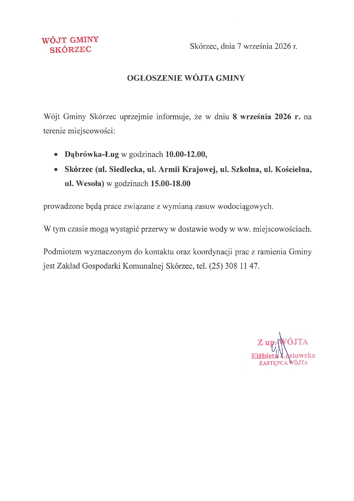 Wymiana zasuw Dąbrówka-Ług, Skórzec - 8 września