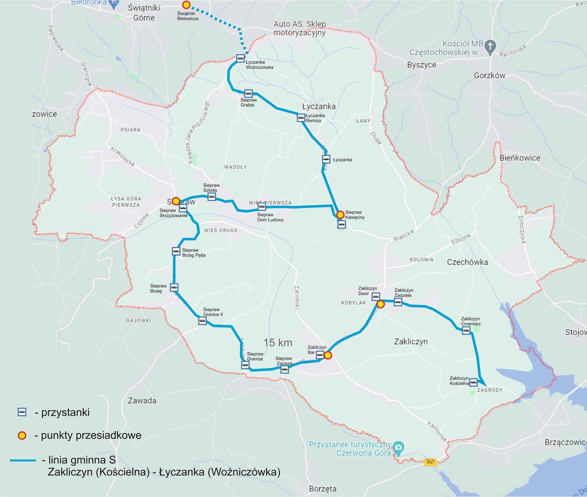 Mapa gminy Siepraw i okolic przedstawiająca przebieg gminnej linii autobusowej S na trasie Zakliczyn (Kościelna) – Łyczanka (Woźniczówka). Trasa zaznaczona jest grubą niebieską linią i liczy około 15 km. Na mapie widoczne są liczne przystanki autobusowe oznaczone ikonami autobusu oraz punkty przesiadkowe zaznaczone żółto-czerwonymi okręgami. Linia przebiega m.in. przez miejscowości Zakliczyn, Siepraw (Brzeg, Granice, Dom Ludowy, Skrzyżowanie), Łyczankę oraz okolice Świątnik Górnych. Granice gmin zaznaczone są czerwoną linią przerywaną, a tło mapy zawiera nazwy miejscowości, dróg i elementów terenu.