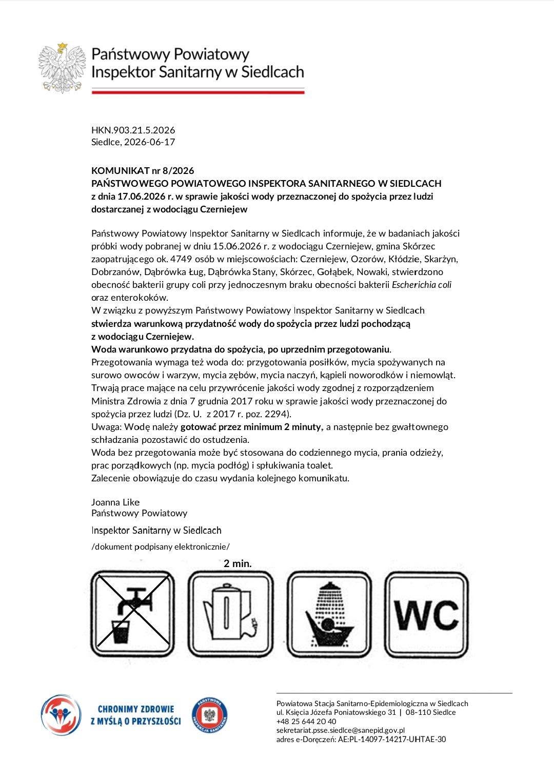 UWAGA KOMUNIKAT PSSE DLA ODBIORCÓW WODY Z UJĘCIA W CZERNIEJEWIE