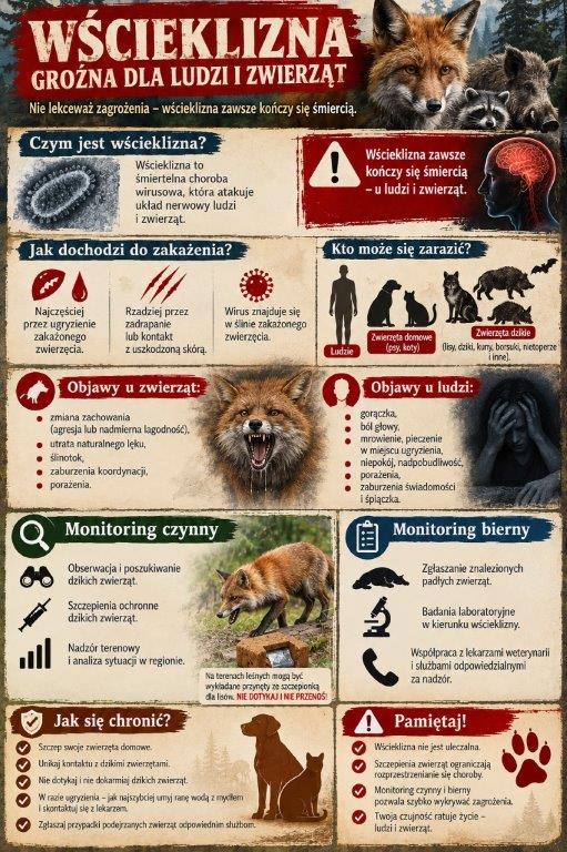 Infografika o wściekliźnie, przedstawiająca drogi zakażenia, objawy u ludzi i zwierząt oraz sposoby zapobiegania chorobie i monitorowania zagrożenia.