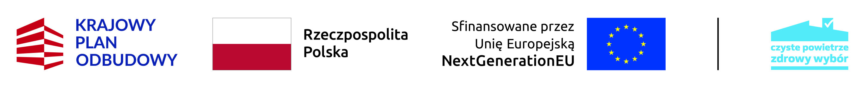 logo Krajowy Plan Odbudowy, flaga biało czerwona i napis: Rzeczpospolita Polska, napis: sfinansowane przez Unię Europejską NextGenerationEU i flaga Unii Europejskiej, logo czyste powietrze