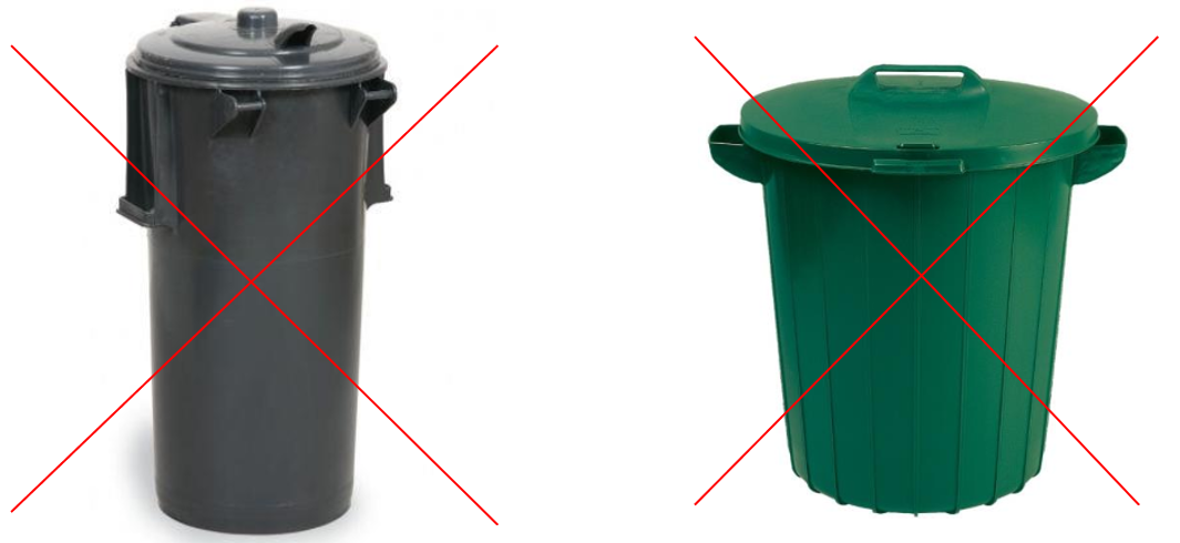 Zdjęcie dwóch pojemników na odpady, oba przekreślone znakiem X
