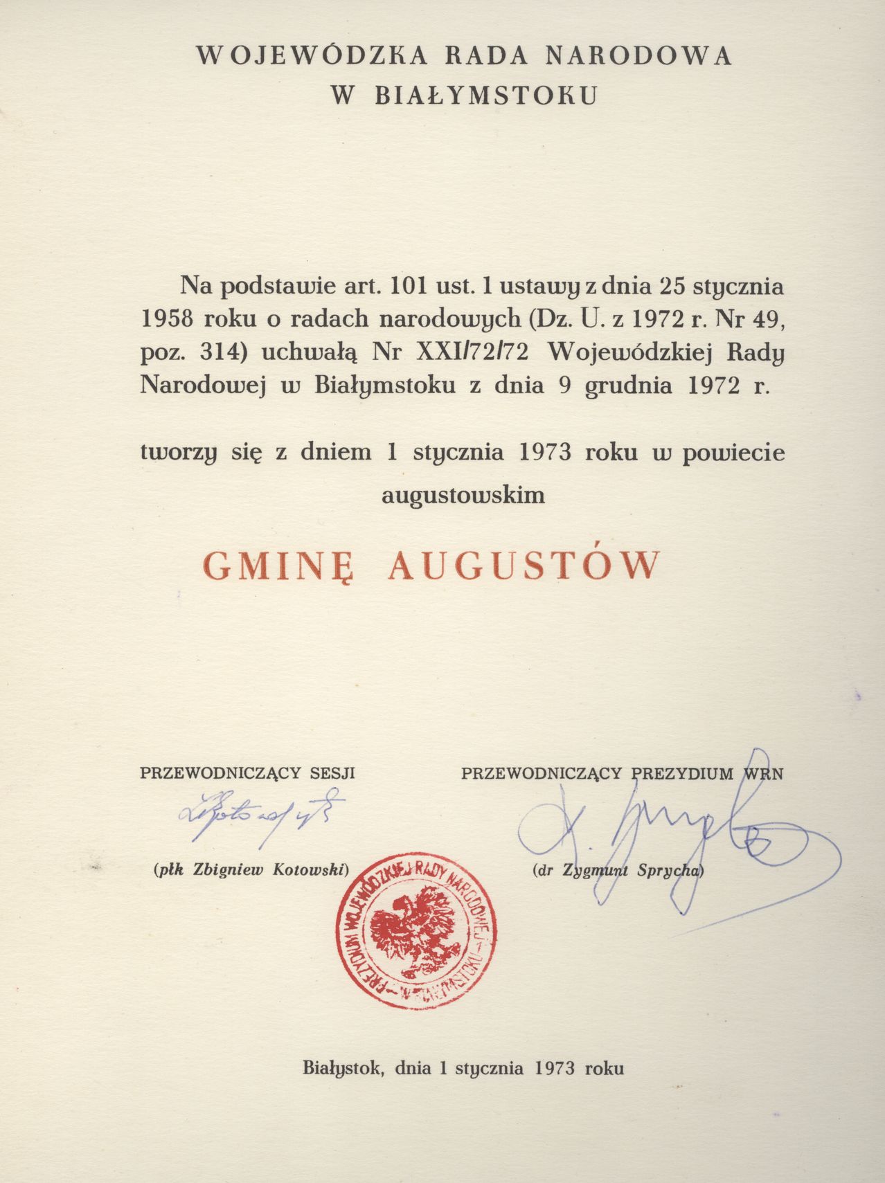 Akt utworzenia Gminy Augustów