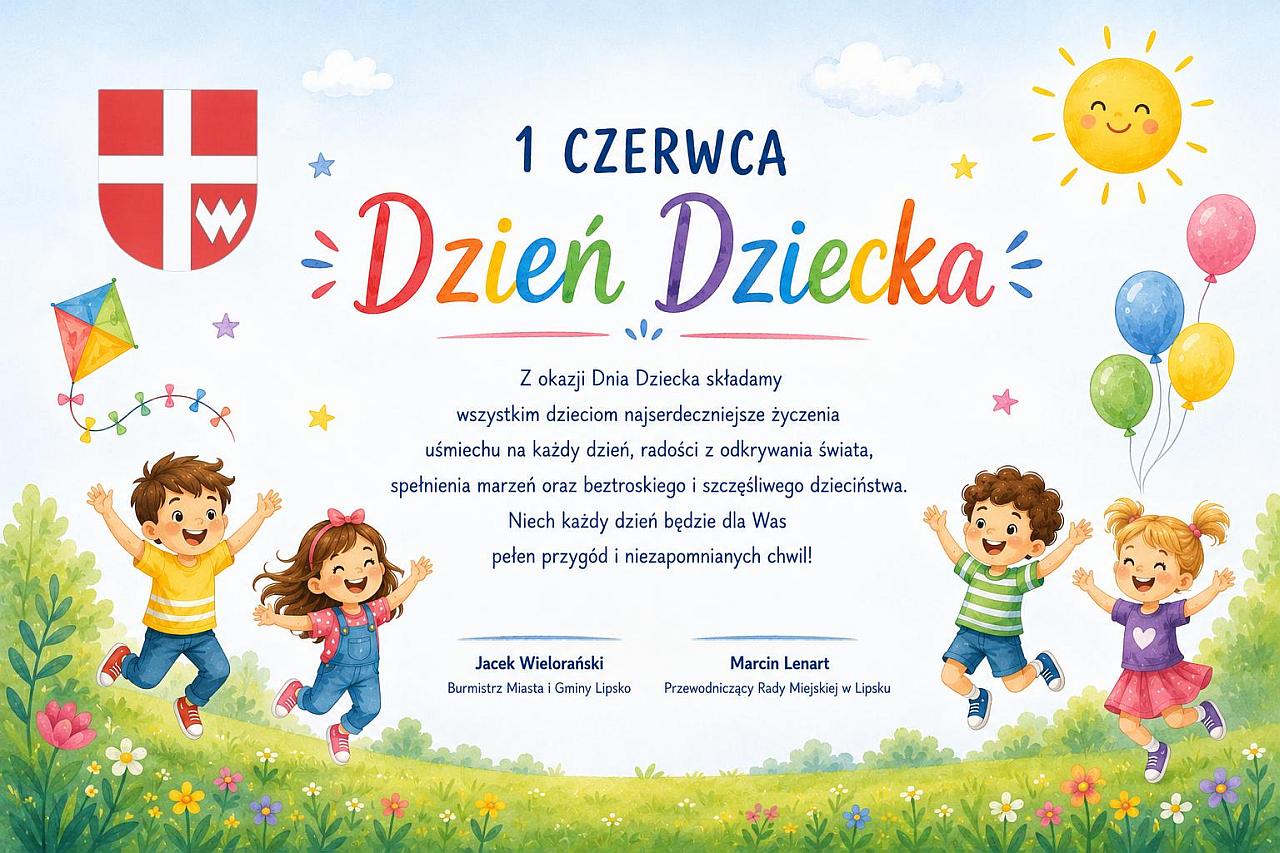 Grafika przedstawia życzenia z okazji dnia dziecka.