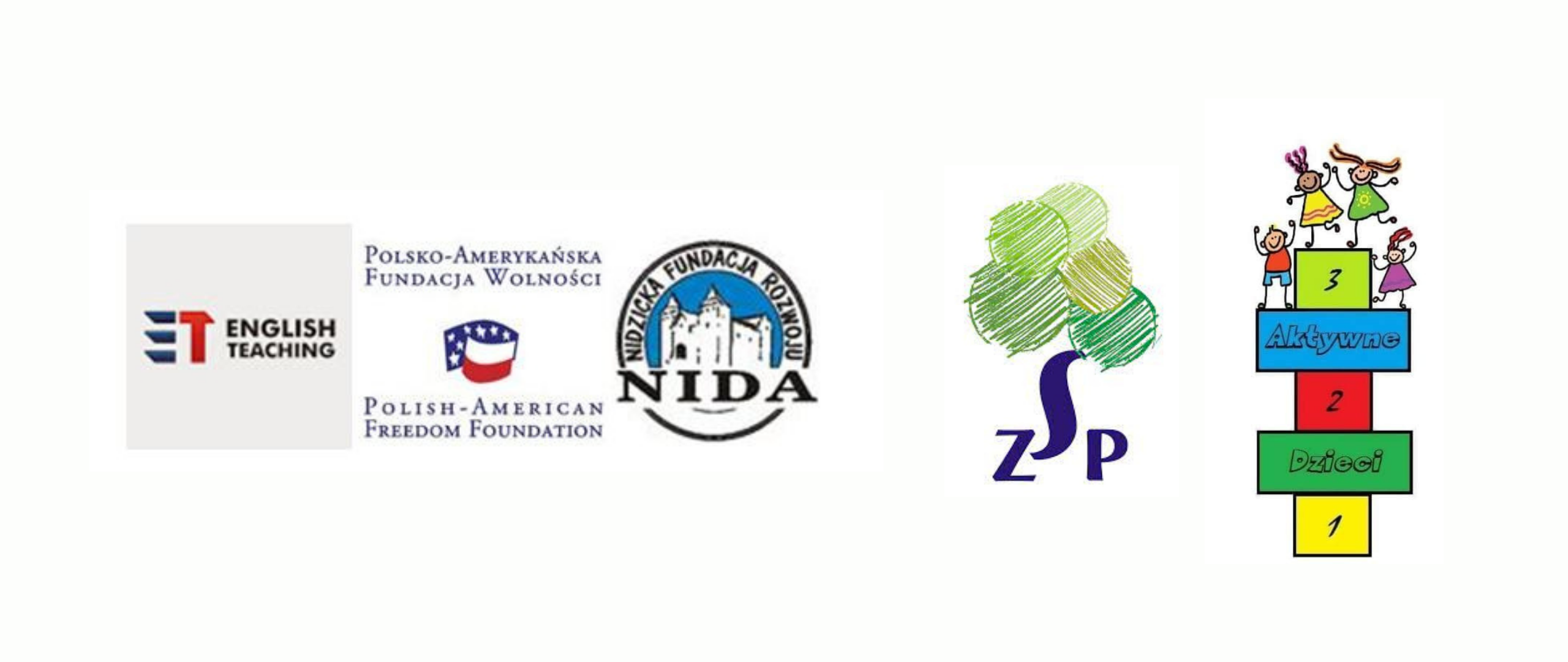 3 logotypy projektu: Polsko - Amerykańskiej Fundacji Wolności NIDA, Zespołu Szkół oraz stowarzyszenia Aktywne Dzieci
