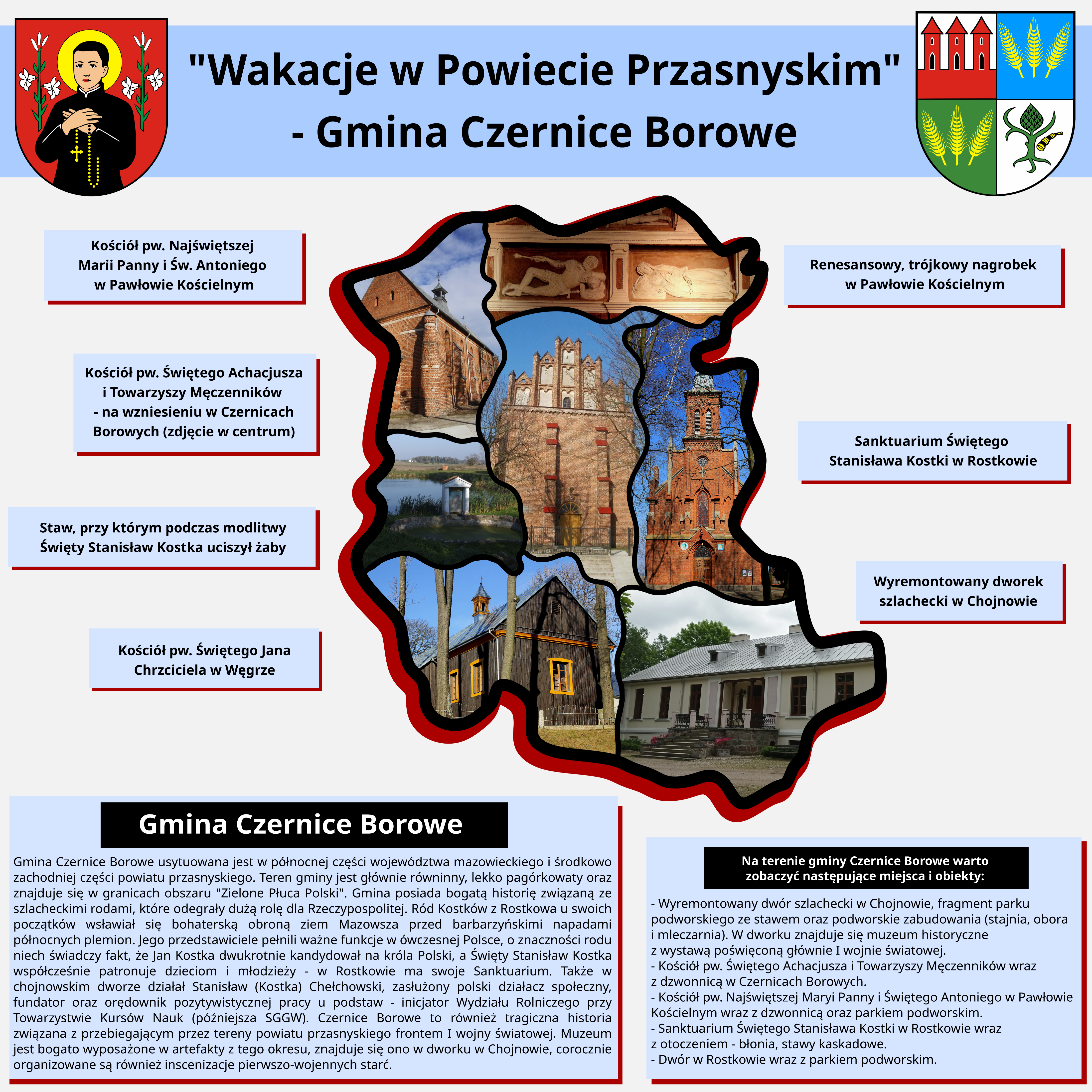 Grafika prezentuje informację o wartych zobaczenia obiektów na terenie gminy Czernice Borowe