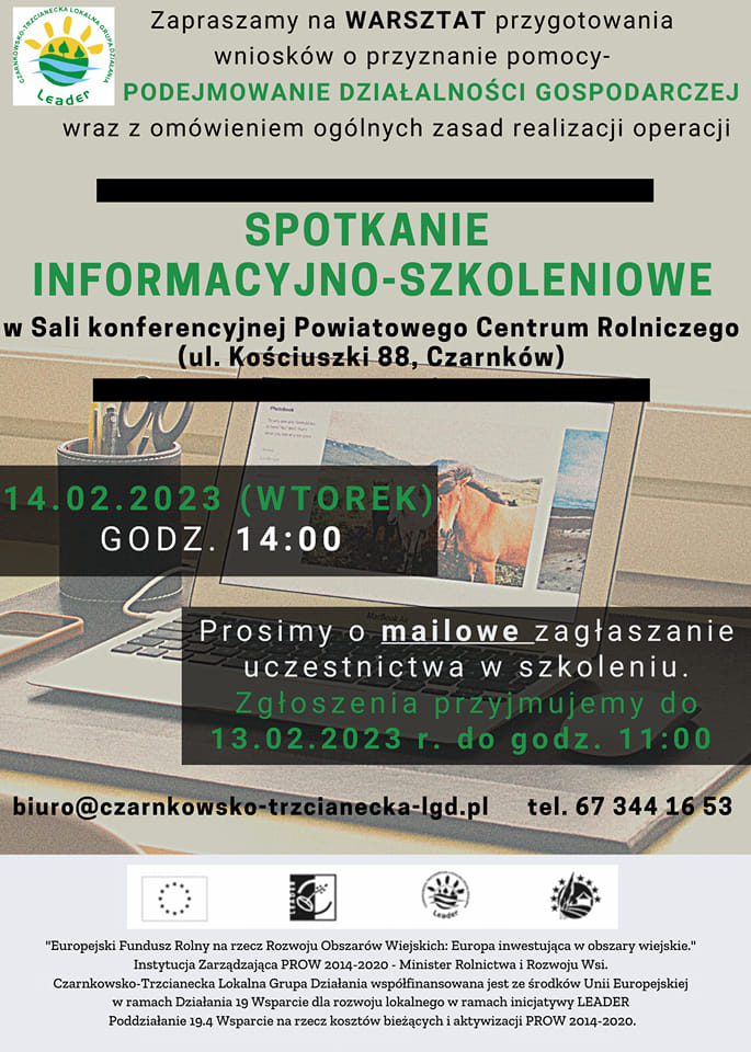 "Podejmowanie działalności gospodarczej" - spotkanie informacyjno-szkoleniowe w sali konferencyjnej Powiatowego Centrum Rolniczego w Czarnkowie, 14.02.2023 godz. 14:00