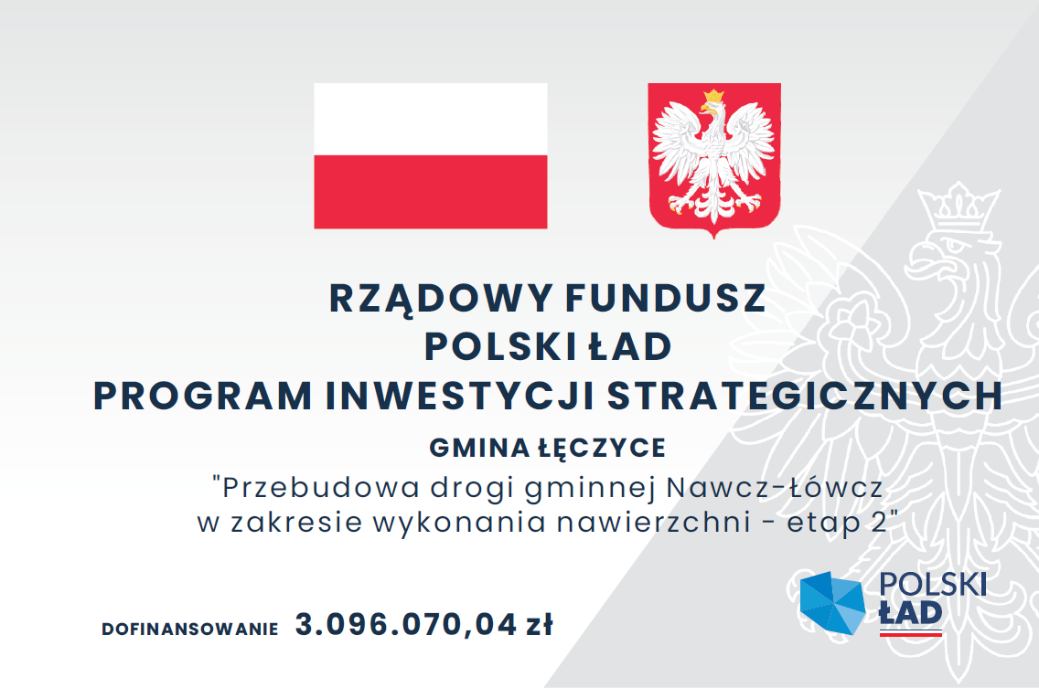 Flaga oraz Godło Polski a pod nimi tekst "Rządowy Fundusz Polski Ład Program Inwestycji Strategicznych Gmina Łęczyce "Przebudowa drogi gminnej Nawcz-Łówcz w zakresie wykonania nawierzchni - etap 2" Dofinansowanie: 3.096.070.04 zł"