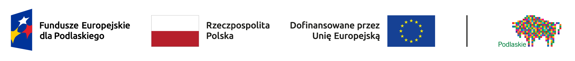 Logotypy projektu wskazujące na finansowanie z Unii Europejskiej, flaga Polski oraz logo Województwa Podlaskiego (żubr w pikselach)