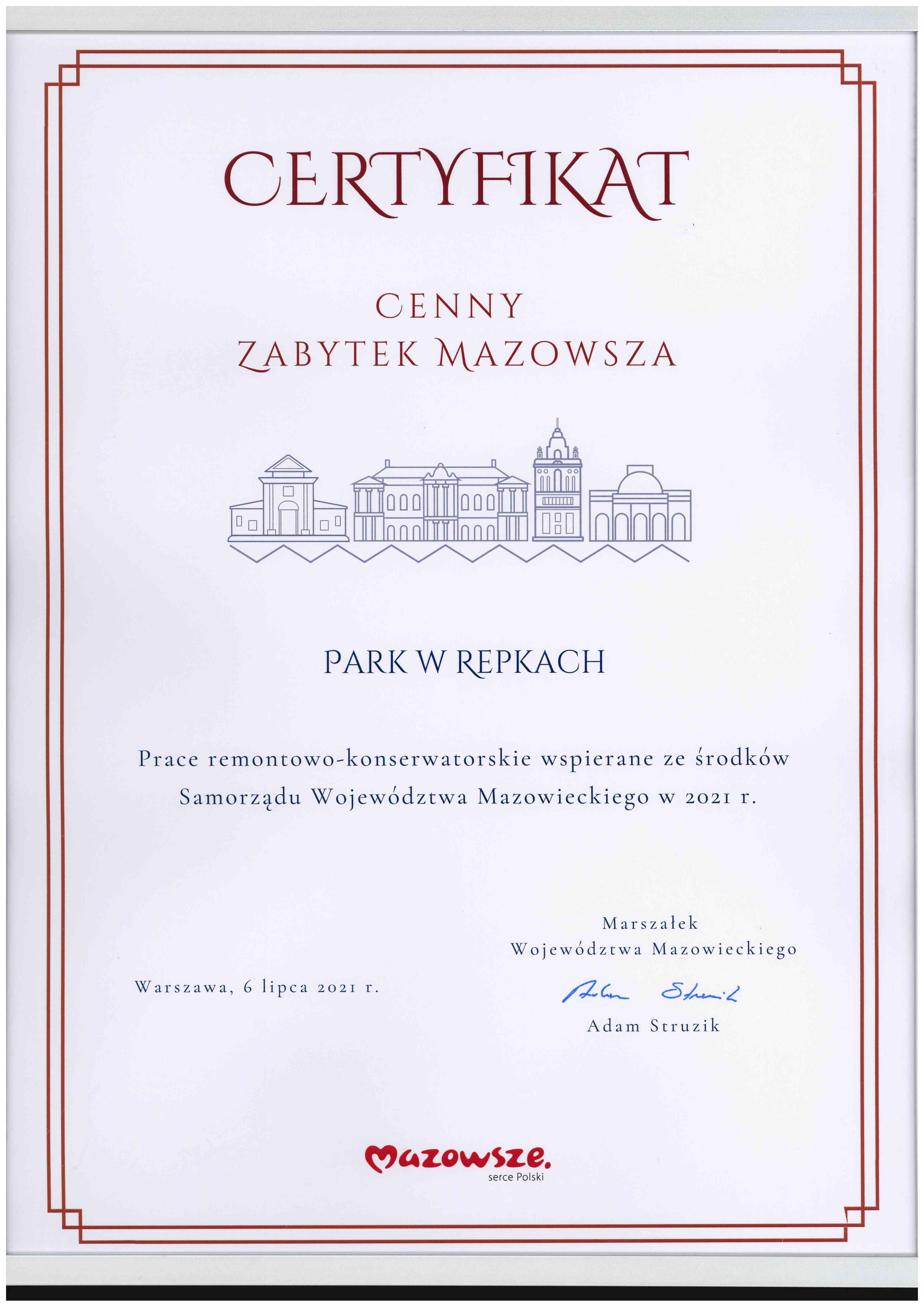 Certyfikat „Cenny zabytek Mazowsza” dla Parku w Repkach