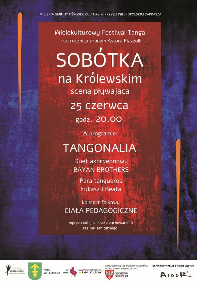 Sobótka na Królewskim, 25 czerwca 2021, piątek, godz. 20.00, w programie: Tangonalia Duet akordeonowy Bayan Brothers para tangueros Łukasz i Beata koncert folkowy Ciała pedagogiczne 