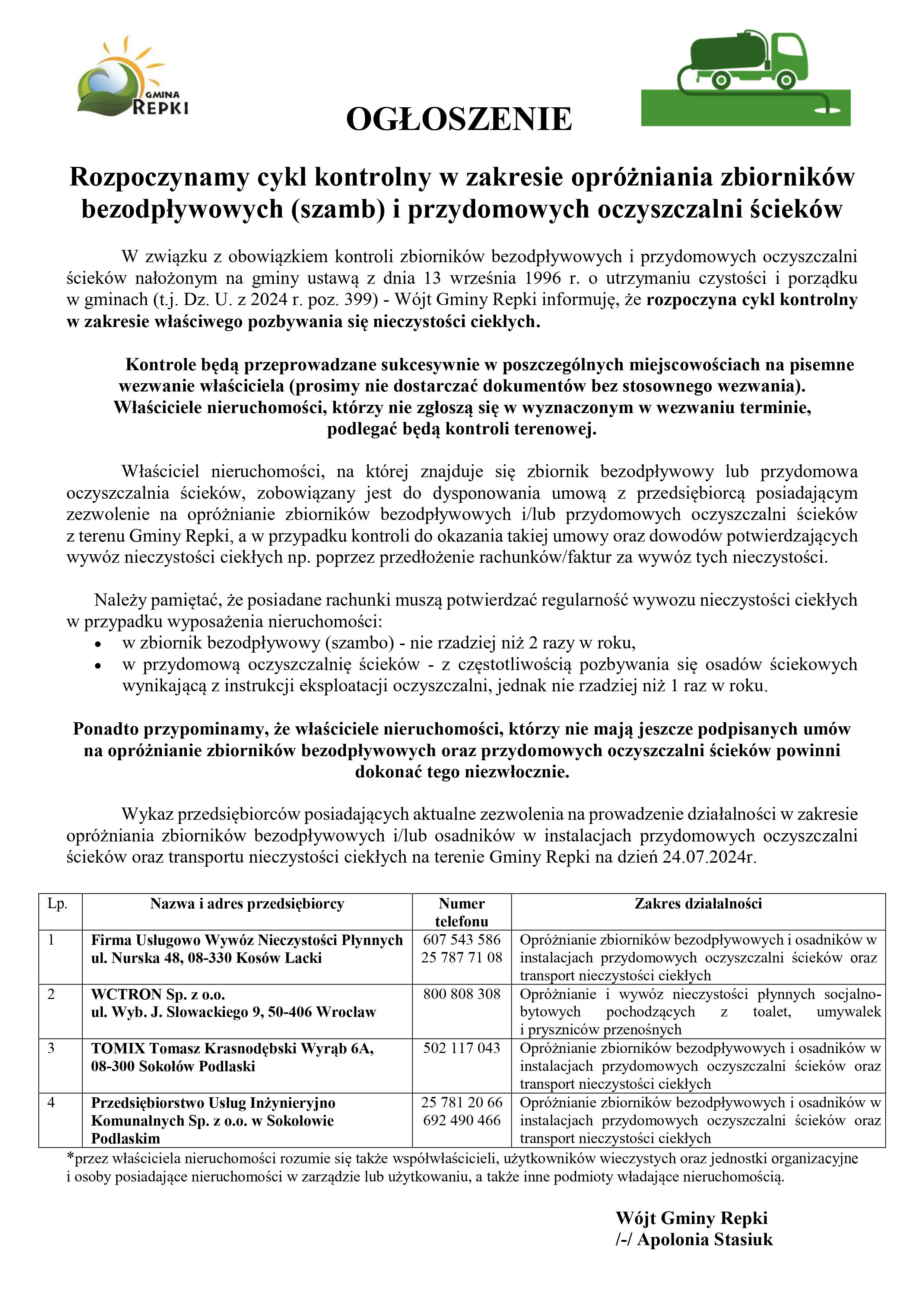 Rozpoczynamy cykl kontrolny w zakresie opróżniania zbiorników bezodpływowych (szamb) i przydomowych oczyszczalni ścieków