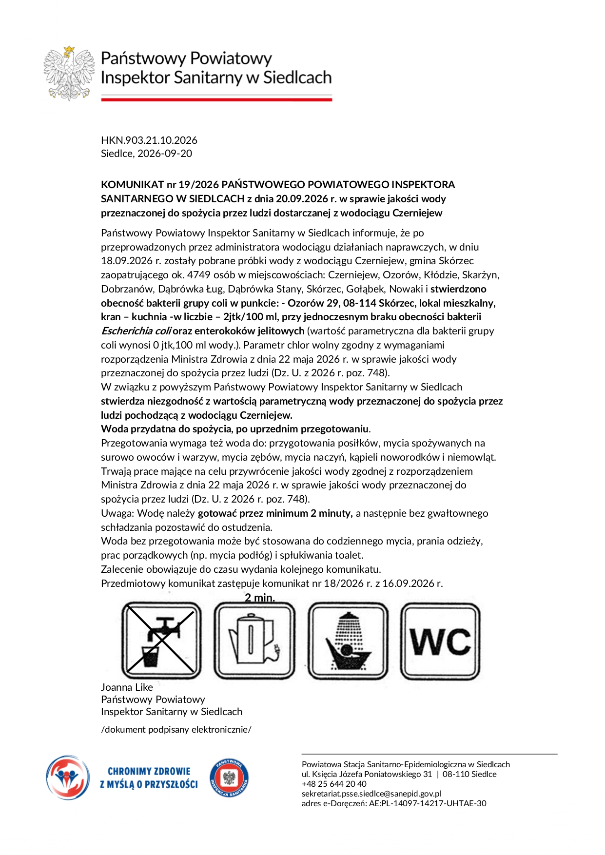 KOMUNIKAT nr 19/2026 PAŃSTWOWEGO POWIATOWEGO INSPEKTORA SANITARNEGO W SIEDLCACH z dnia 20.09.2026 r. w sprawie jakości wody przeznaczonej do spożycia przez ludzi dostarczanej z wodociągu Czerniejew
