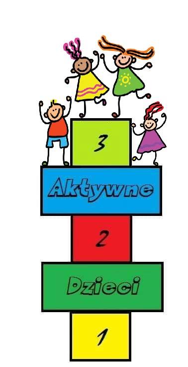 logo Aktywne dzieci - na kolorowych klockach stoi czworo dzieci