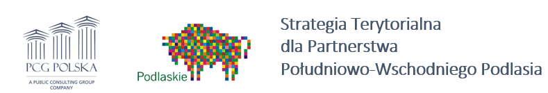 Logotypy dla projektu Partnerstwa Południowo- Wschodniego Podlasia: logo PCG Polska, logo Województwa Podlaskiego, Strategia Terytorialna dla Partnerstwa Południowo - Wschodniego Podlasia
