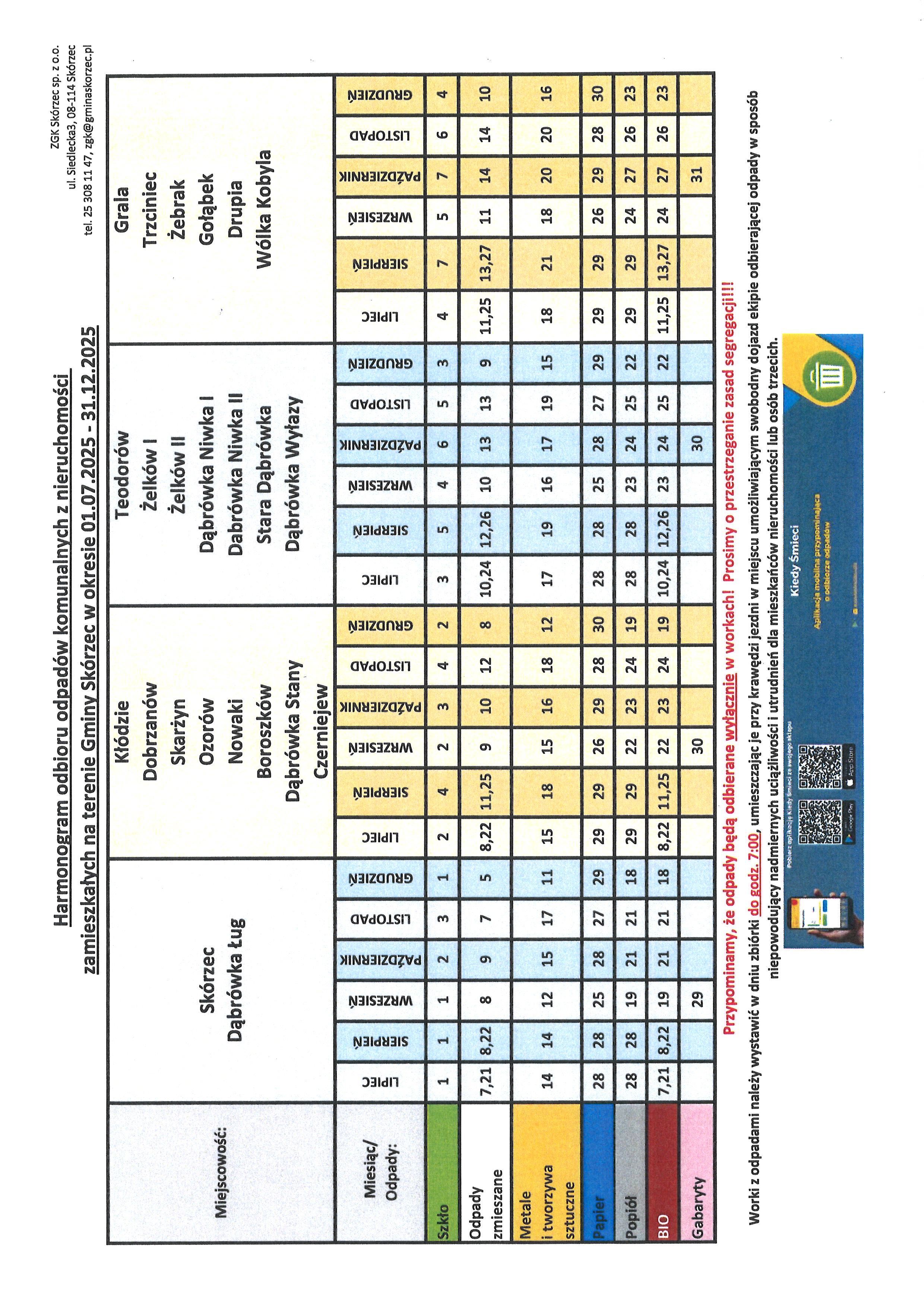 Harmonogram odbioru odpadów