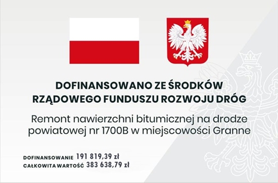 Baner z flagą Polski, herbem i tekstem dotyczącym lokalnego projektu inwestycyjnego. Tekst transkrypcji: DOFINANSOWANO ZE ŚRODKÓW RZĄDOWEGO FUNDUSZU ROZWOJU DRÓG Remont nawierzchni bitumicznej na drodze powiatowej nr 1700B w miejscowości Granne DOFINANSOWANIE 191 819,39 zł CAŁKOWITA WARTOŚĆ 383 638,79 zł