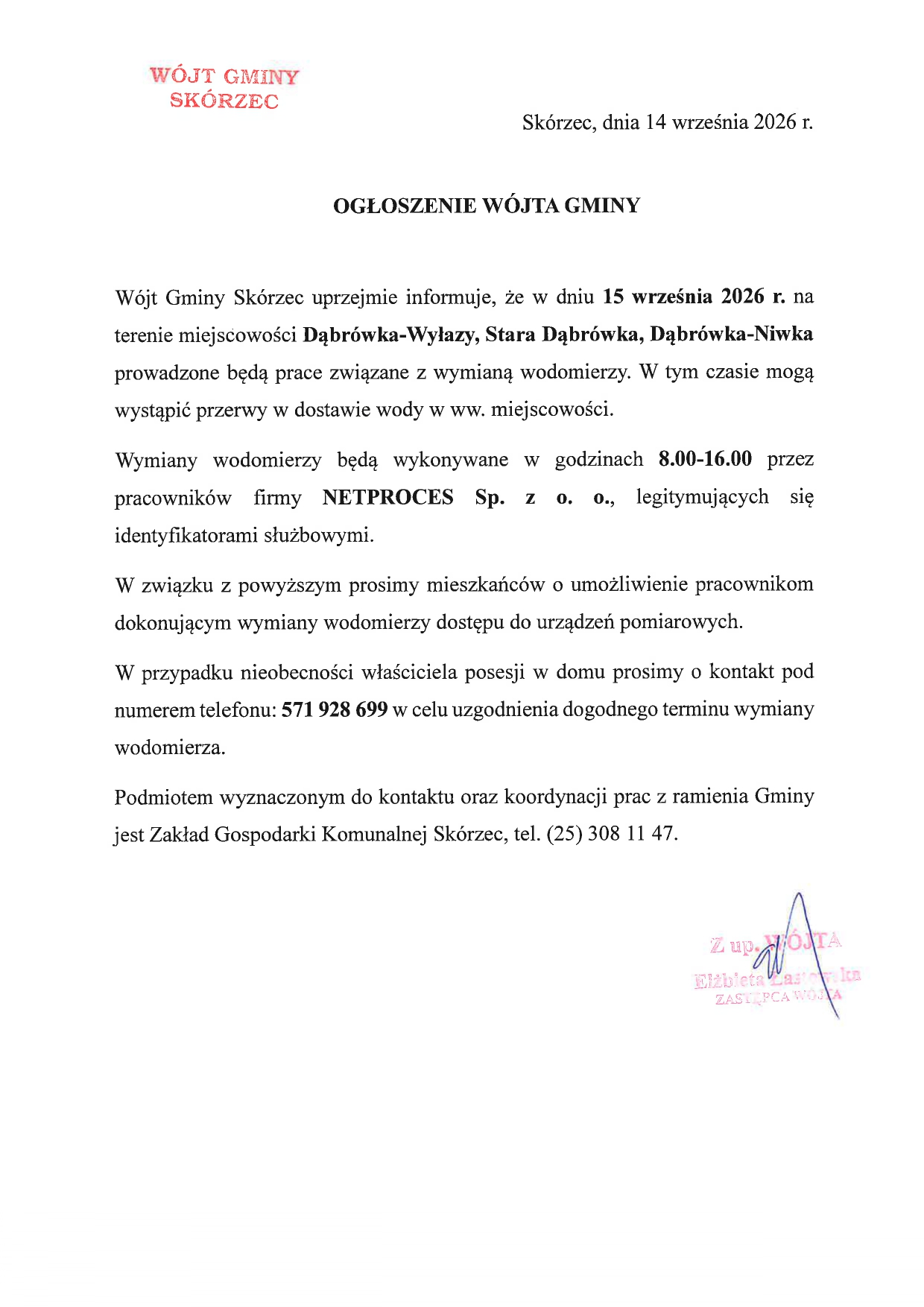 Wymiana wodomierzy Dąbrówka-Wyłazy, Stara Dąbrówka, Dąbrówka-Niwka 15 września 2026 r.