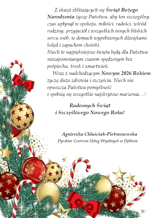 Życzenia z okazji Świąt Bożego Narodzenia oraz nadchodzącego Nowego Roku