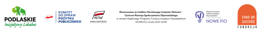 Logotypy projektu - Podlaskie Inicjatywy Lokalne, Komitet ds. pożytku publicznego. NIW. NOWEFIO, Fundacja Okno na Wschód
