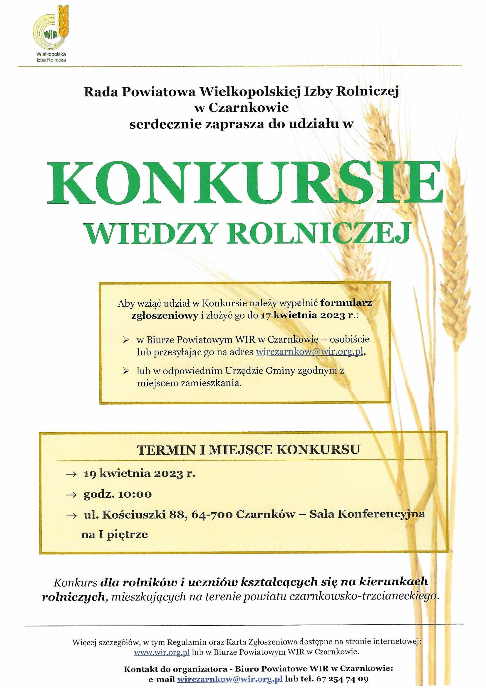Konkurs o wiedzy rolniczej - 19 kwietnia 2023r. Czarnków. Zgłoszenia do 17 kwietnia 2023r. w Urzędzie Gminy lub Biurze Powiatowym WIR w Czarnkowie 