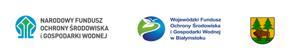 Logotypy projektu: Narodowego Funduszu Ochrony Środowiska i Gospodarki Wodnej, Wojewódzkiego Funduszu Ochrony Środowiska i Gospodarki Wodnej, herb Powiatu Hajnowskiego (na żółto-zielonym tle żubr i dwa świerki