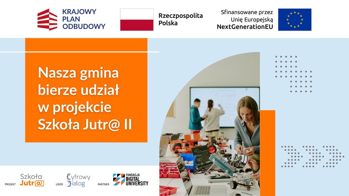 Grafika informacyjna dotycząca projektu „Szkoła Jutr@ II”. W górnej części widoczne są logotypy: Krajowego Planu Odbudowy, barwy RP, godło Polski oraz flaga Unii Europejskiej z napisem „Sfinansowane przez Unię Europejską NextGenerationEU”.Po lewej stronie, na dużym pomarańczowym prostokącie, znajduje się biały napis: „Nasza gmina bierze udział w projekcie Szkoła Jutr@ II”.Po prawej stronie umieszczono zdjęcie przedstawiające grupę osób w nowoczesnej sali lekcyjnej – na pierwszym planie kobieta pochyla się nad stołem, na którym widać elementy robotyki, kable i zestawy edukacyjne. W tle widać inne osoby pracujące przy projektach oraz ekran multimedialny.W dolnej części grafiki znajdują się logotypy realizatorów: projektu Szkoła Jutr@ II, lidera Cyfrowy Dialog oraz partnera Fundacja Digital University. Całość uzupełniają ozdobne motywy z kropek i pomarańczowy pionowy pasek.
