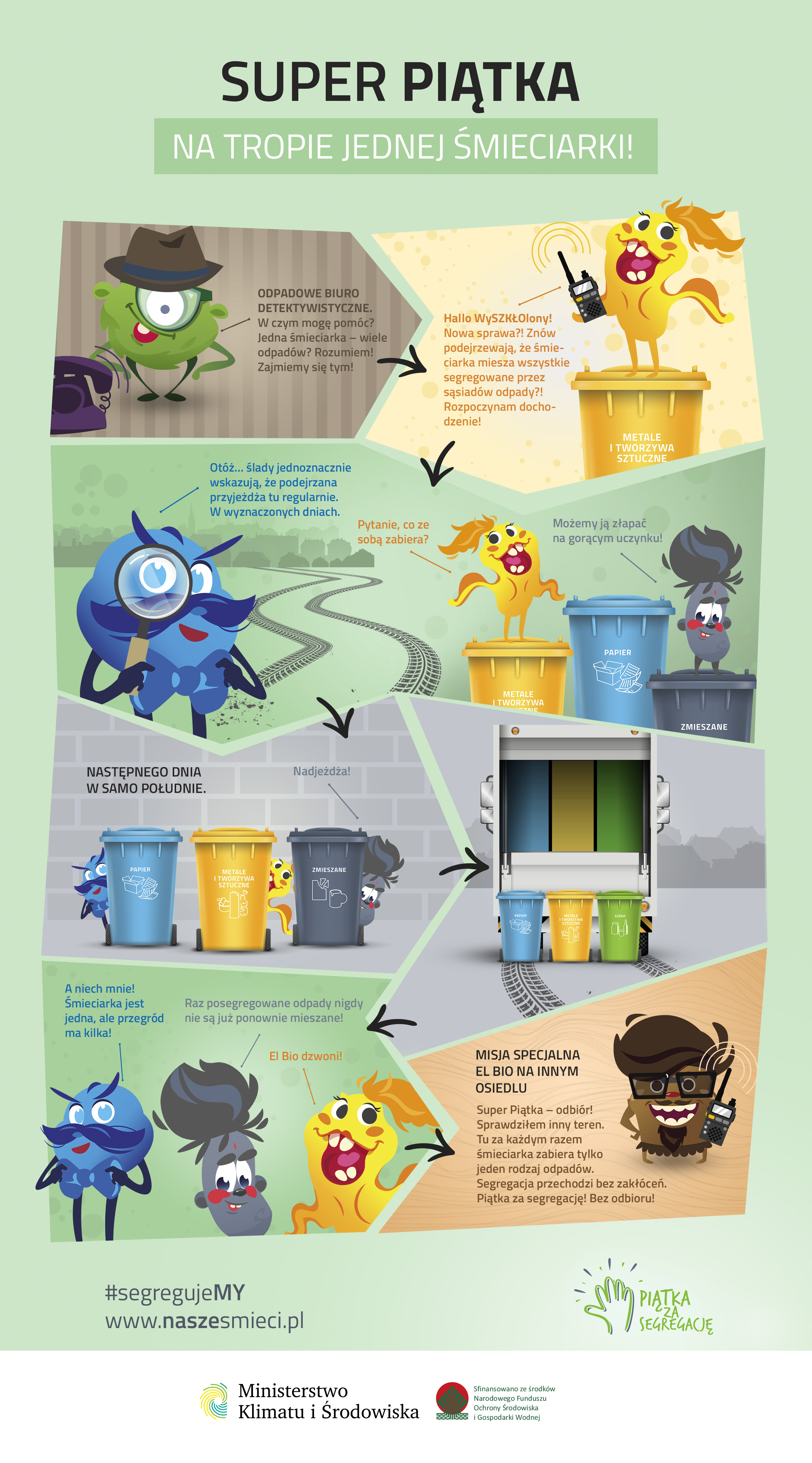Krótki komiks ukazujący scenkę w której bohaterowie po zgłoszeniu podejrzenia mieszania posegregowanych odpadów przez śmieciarkę próbują przyłapać ją na gorącym uczynku, ale okazuje się że ma ona osobne przegrody na różne odpady