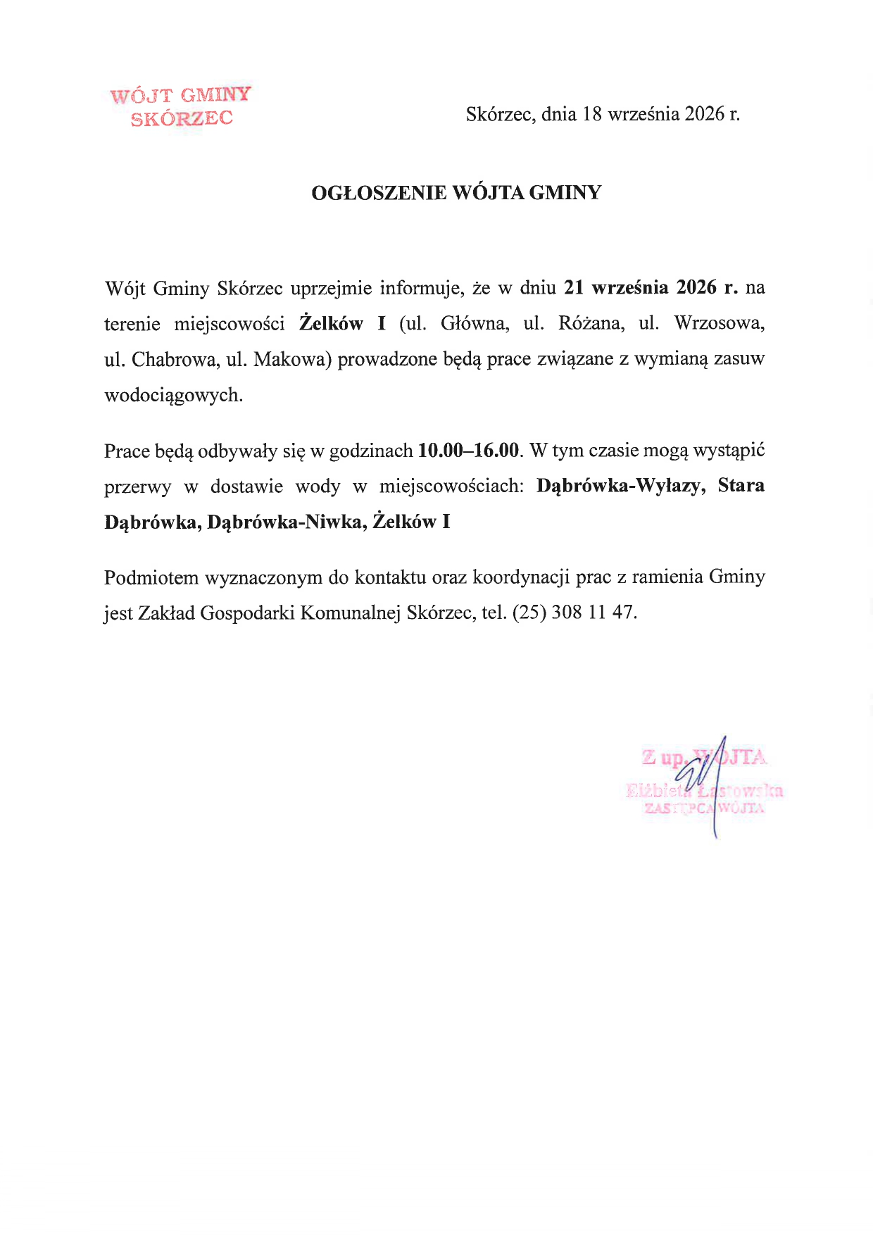 Wymiana zasuw - Żelków 21 września 2026 r.