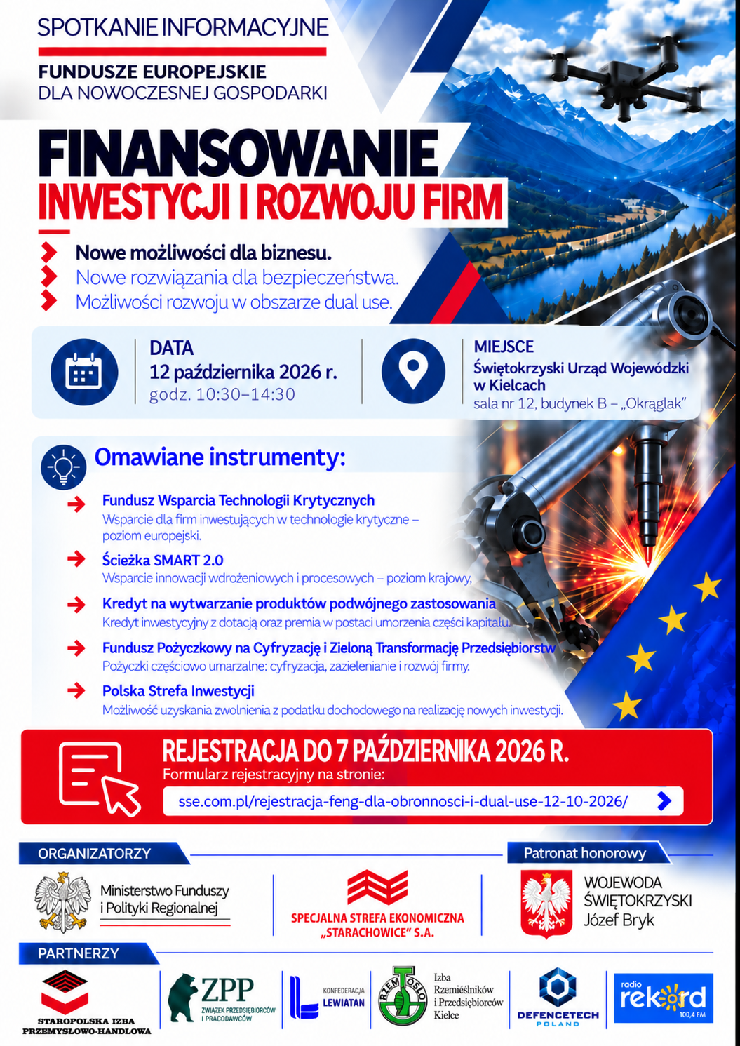 Plakat dot. spotkania z przedsiębiorcami. W górnym lewym rogu nazwa spotkania, po lewo ilustracja przedstawiająca dron latający nad górami i rzeką. W środkowej części plakatu data i miejsce wydarzenia. Poniżej program spotkania. W dolnej części na czerwonym tle sposób rejestracji, po prawo flaga Unii Europejskiej. Na dole plakatu logo organizatorów oraz patronatów honorowych wydarzenia.