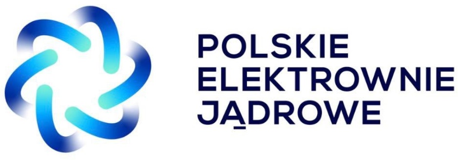 Grafika składająca się z sześciu zakrzywionych do środka linii, obok tekst Polskie Elektrownie Jądrowe