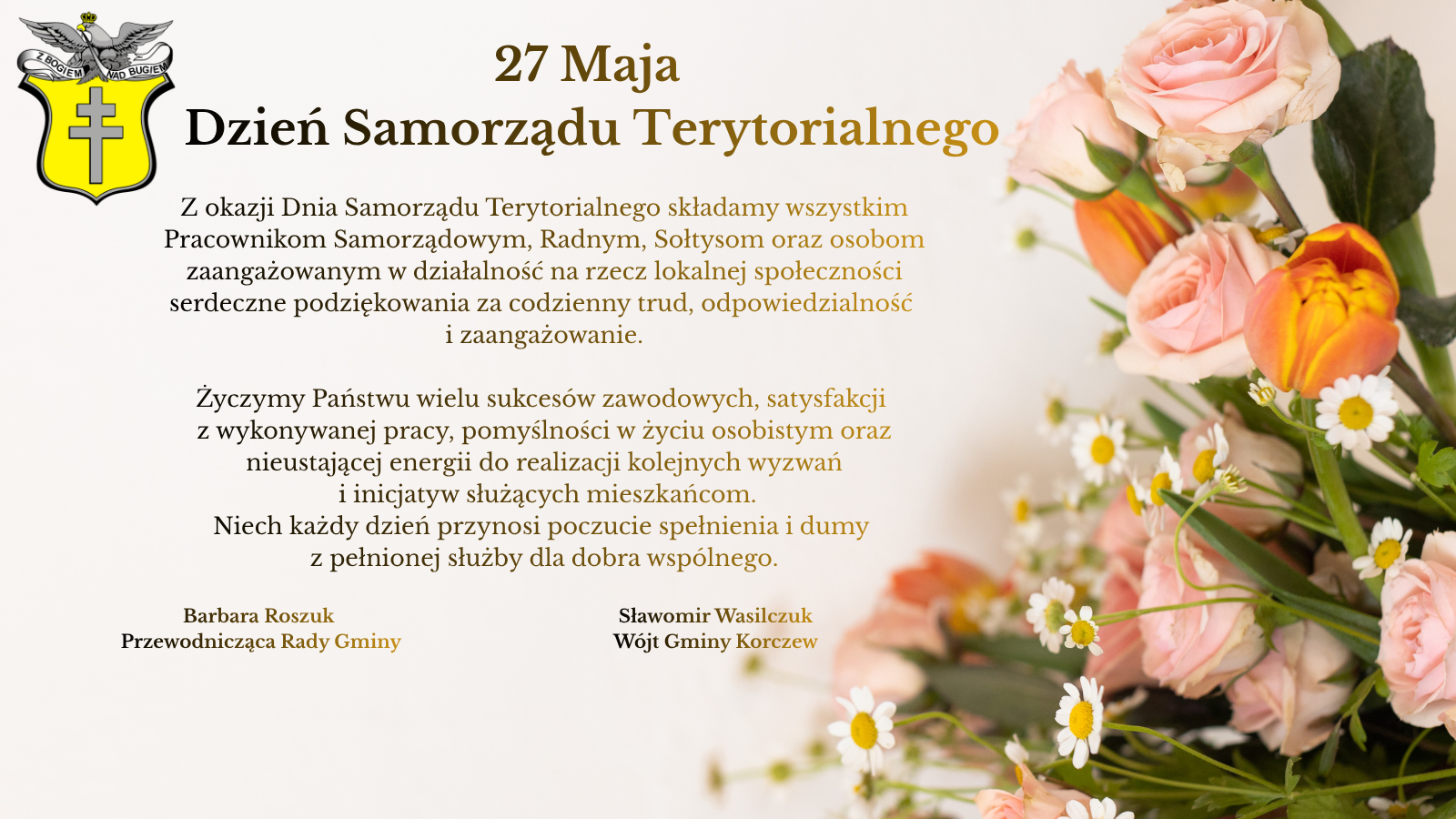 na jasnym tle w lewym górnym rogu logo Gminy, po prawej kwiaty. Na środku życzenia dla pracowników samorządu, radnych, sołtysów, osób zaangażowanych w działalność na rzecz lokalnej społecznosci