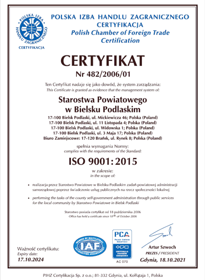 Certyfikat jakości ISO 9001: 2015