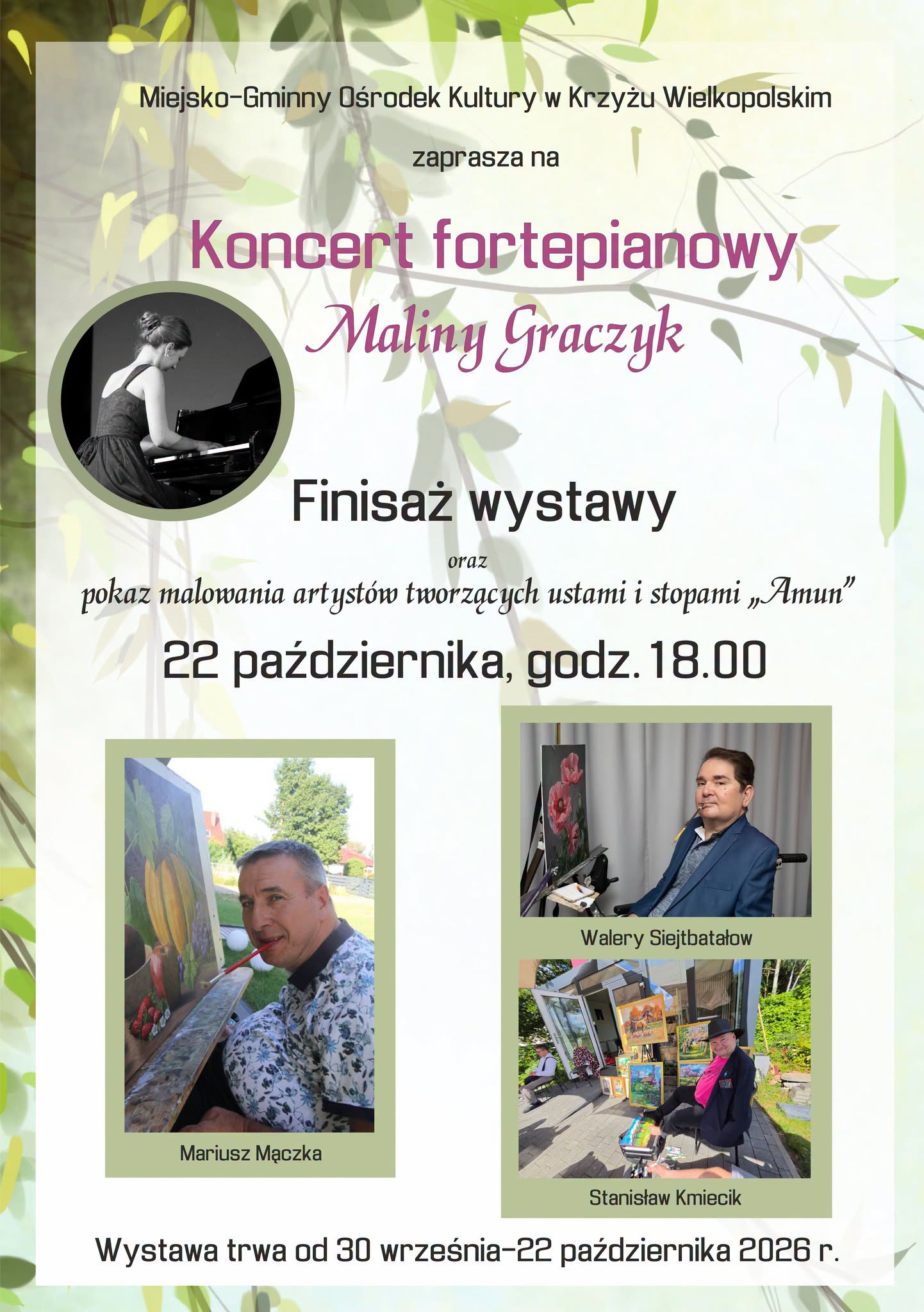 Koncert fortepianowy finisaż wystawy - zaproszenie