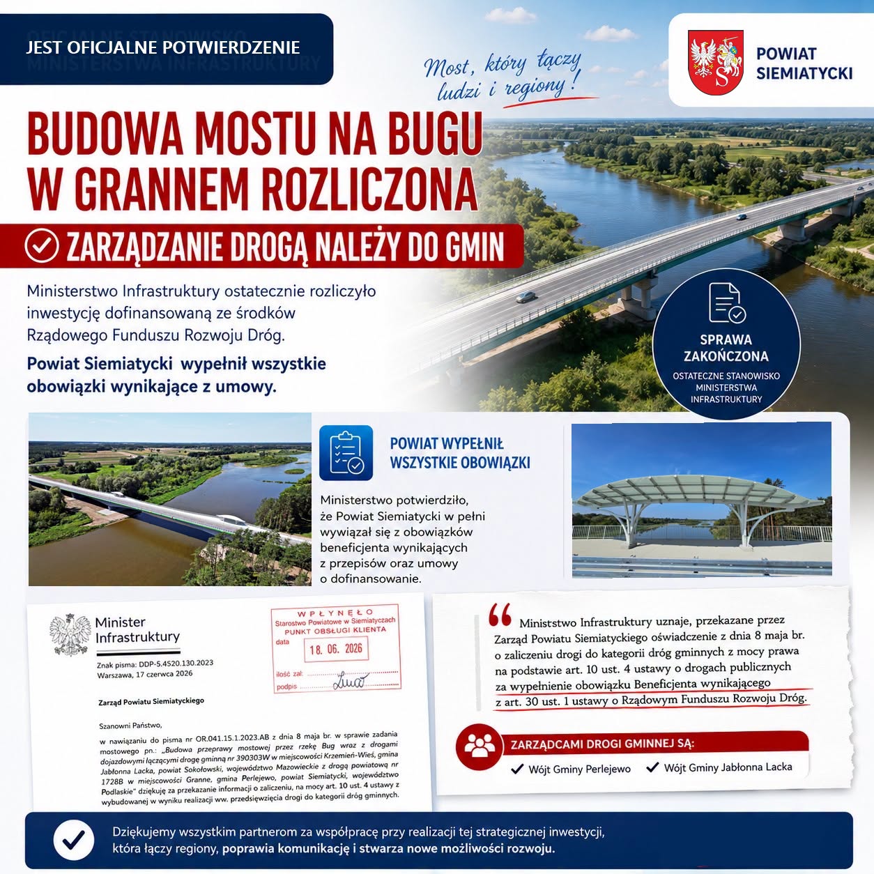 Ulotka poświęcona budowie mostu nad rzeką Bug, zawierająca informacje dotyczące finansowania, zobowiązań oraz zarządzania drogami.