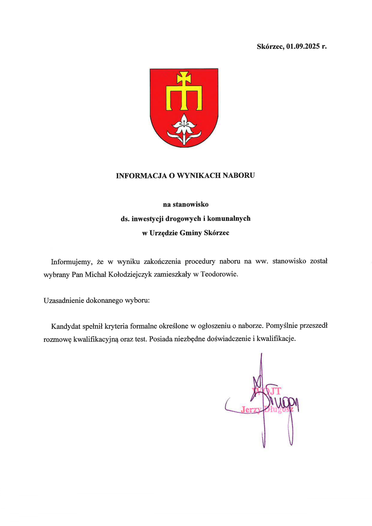 informacja o wynikach naboru na stanowisko ds. inwestycji drogowych i komunalnych 