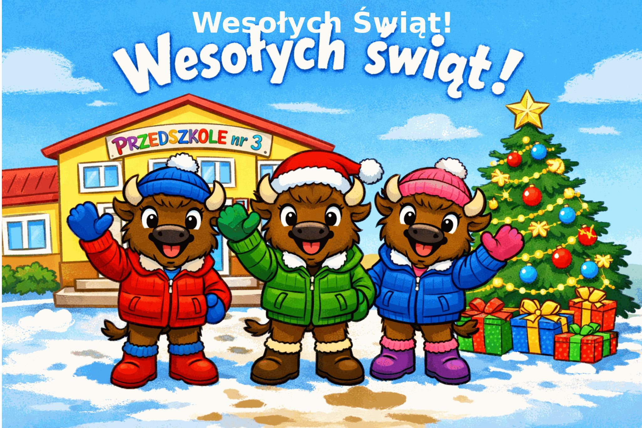 Wesołych świąt! Trzy żuberki stoją przed budynkiem przedszkola, są uśmiechnięte. Obok stoi choinka z prezentami. U góry napis - Wesołych świąt!
