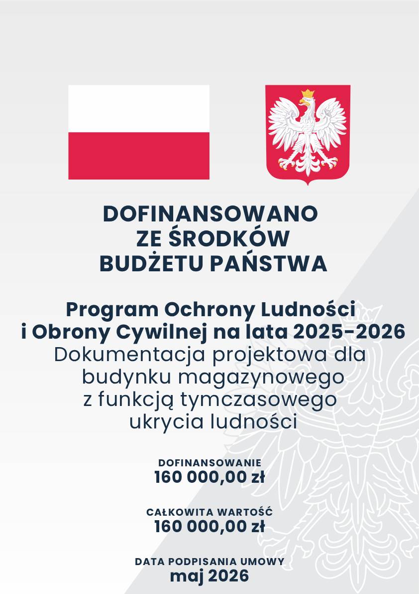 Dofinansowano ze środków budżetu państwa Program Ochrony Ludności i Obrony Cywilnej na lata 2025-2026 Dokumentacja projektowa dla budynku magazynowego z funkcją tymczasowego ukrycia ludności. Dofinansowanie 160000,00 zł, całkowita wartość 160000,00 zł, data podpisania umowy maj 2026