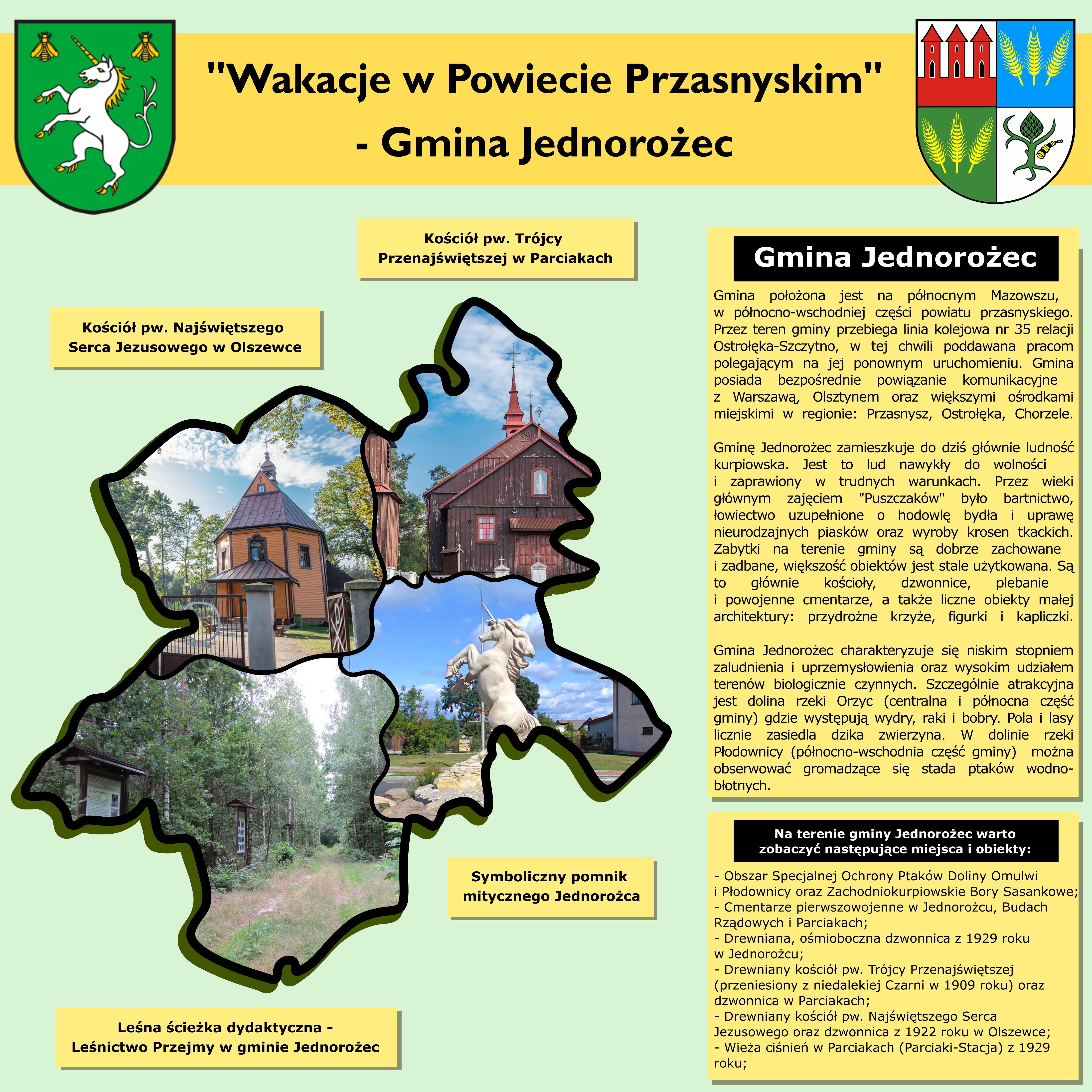 Grafika prezentuje informację o wartych zobaczenia obiektów na terenie gminy Jednorożec.