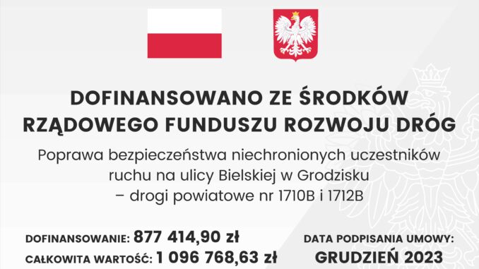 Baner z flagą Polski, herbem i tekstem dotyczącym lokalnego projektu inwestycyjnego. Tekst transkrypcji: DOFINANSOWANO ZE ŚRODKÓW RZĄDOWEGO FUNDUSZU ROZWOJU DRÓG Poprawa bezpieczeństwa niechronionych uczestników ruchu na ulicy Bielskiej w Grodzisku – drogi powiatowe nr 1710B i 1712B DOFINANSOWANIE: 877 414,90 zł CAŁKOWITA WARTOŚĆ: 1 096 768,63 zł DATA PODPISANIA UMOWY: GRUDZIEŃ 2023