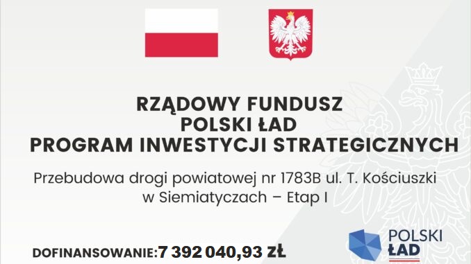 Oficjalne ogłoszenie z flagą i herbem Polski, zawierające szczegółowe informacje na temat strategicznego funduszu inwestycyjnego. Transkrypcja tekstu: RZĄDOWY FUNDUSZ POLSKI ŁAD PROGRAM INWESTYCJI STRATEGICZNYCH Przebudowa drogi powiatowej nr 1783B ul. T. Kościuszki w Siemiatyczach – Etap I DOFINANSOWANIE: 7 392 040,93 ZŁ