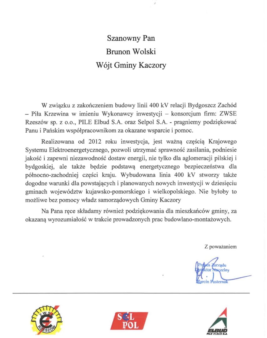 Pismo podziękowanie za wsparcie przy budowie linii 400 kV