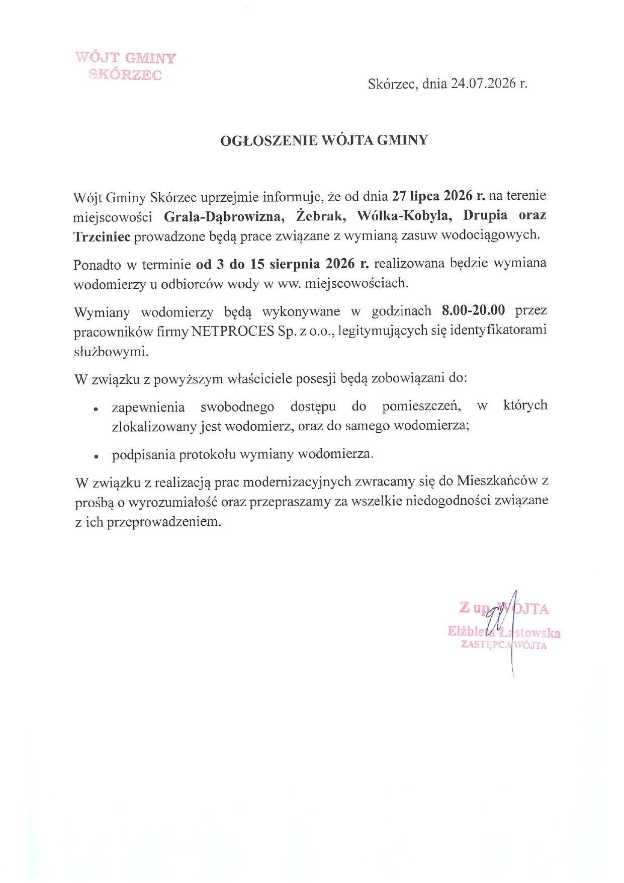 Ogłoszenie o wymianie wodomierzy