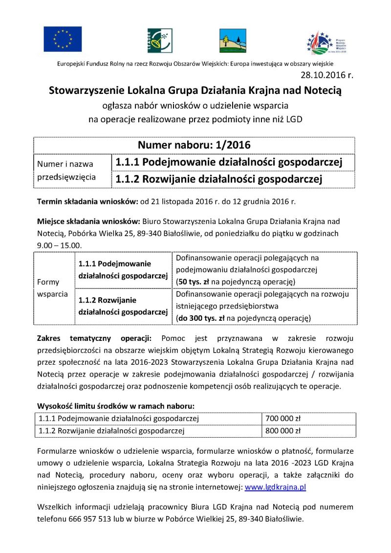 Stowarzyszenie Lokalna Grupa Działania Krajna nad Notecią ogłasza nabór wniosków