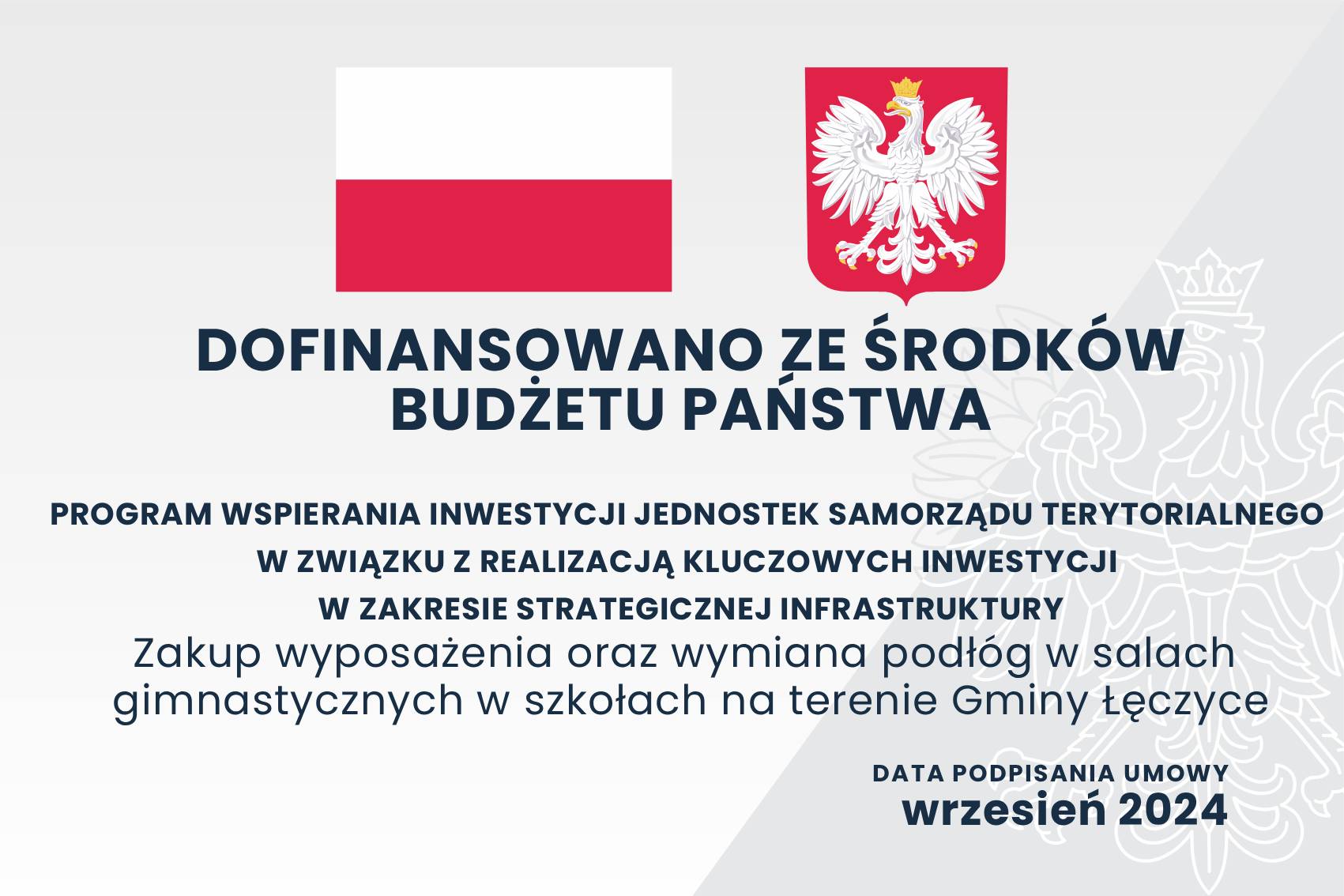 Dofinansowano ze środków budżetu państwa, program wspierania inwestycji jednostek samorządu terytorialnego w związku z realizacją kluczowych inwestycji w zakresie strategicznej infrastruktury, Zakup wyposażenia oraz wymiana podłóg w salach gimnastycznych w szkołach na terenie Gminy Łęczyce, data podpisania umowy wrzesień 2024