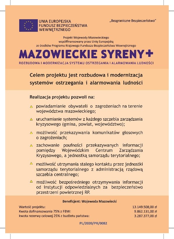 Realizacja projektu Wojewody Mazowieckiego „Mazowieckie Syreny+ - rozbudowa i modernizacja systemu ostrzegania i alarmowania ludności” realizowanego w ramach Funduszu Bezpieczeństwa Wewnętrznego Unii Europejskiej na terenie Gminy Korczew.