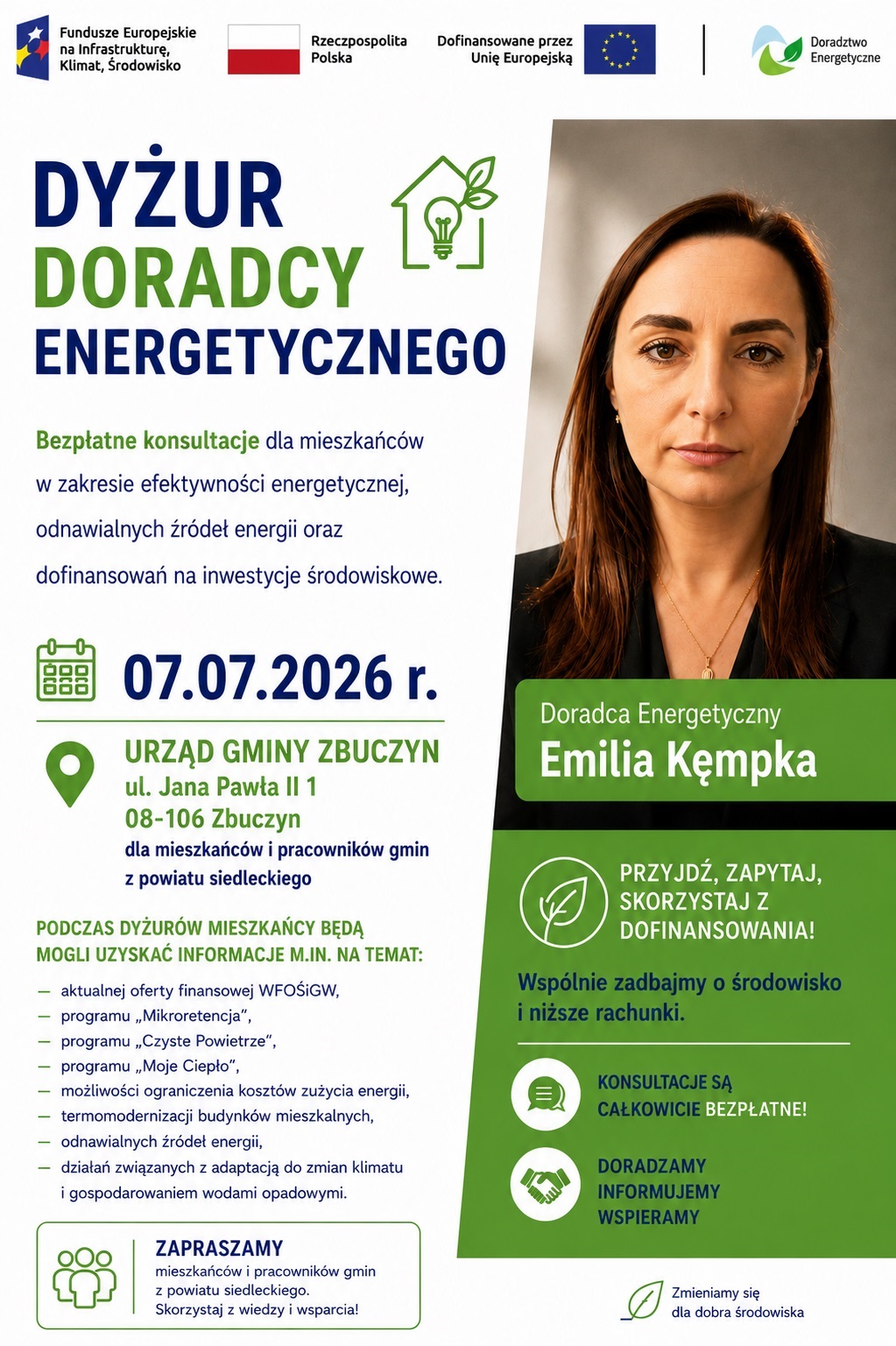 informacja o Dyżurze Doradcy Energetycznego w treści wiadomości.