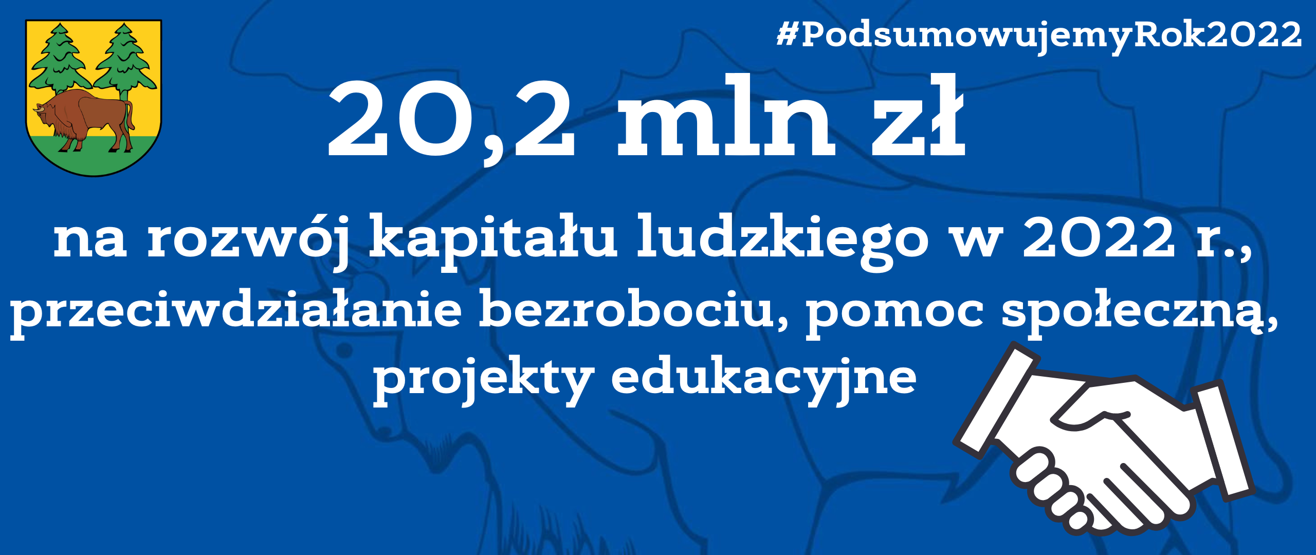 Na niebieskim tle napis: 20,2 mln zł na rozwój kapitału ludzkiego w 2022 r., przeciwdziałanie bezrobociu, pomoc społeczną, projekty edukacyjne, u góry strony herb powiatu - na żółto-zielonym tle żubr i dwa świerki