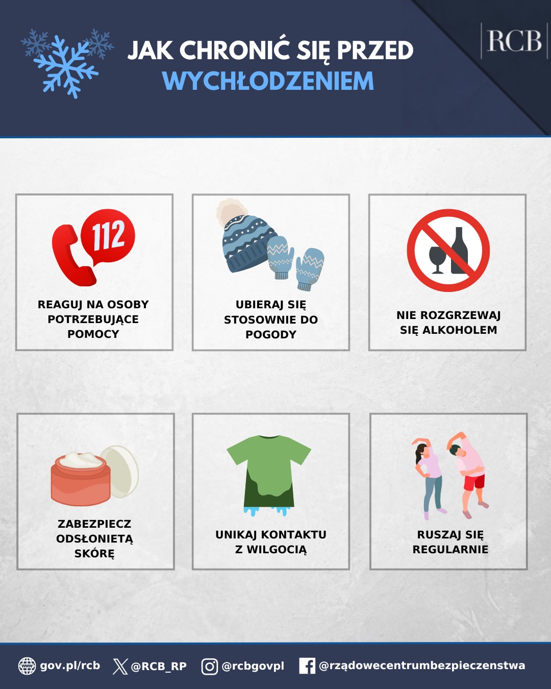 JAK CHRONIĆ SIĘ PRZED WYCHŁODZENIEM? REAGUJ NA OSOBY POTRZEBUJĄCE POMOCY, UBIERAJ SIĘ STOSOWNIE DO POGODY. NIE ROZGRZEWAJ SIĘ ALKOHOLEM. ZABEZPIECZ ODSŁONIĘTĄ SKÓRĘ, UNIKAJ KONTAKTU Z WILGOCIĄ, RUSZAJ SIĘ REGULARNIE